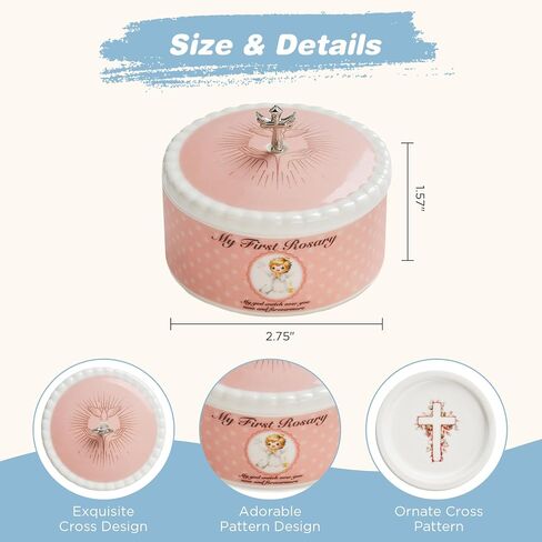 NORBU Baptism Gifts for Girl, My First Rosary with Ceramic Keepsake Box, Rosary for Kids, First Communion & Baby Dedication Gifts for Newborn Baby Boys from Godmother Catholic Christening Gift, Pink in Kuwait