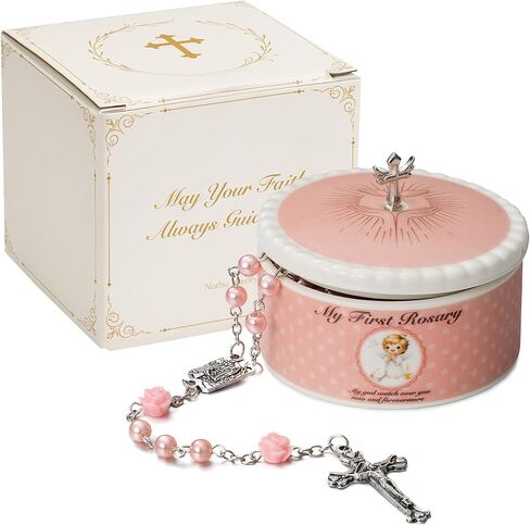 NORBU Baptism Gifts for Girl, My First Rosary with Ceramic Keepsake Box, Rosary for Kids, First Communion & Baby Dedication Gifts for Newborn Baby Boys from Godmother Catholic Christening Gift, Pink in Kuwait
