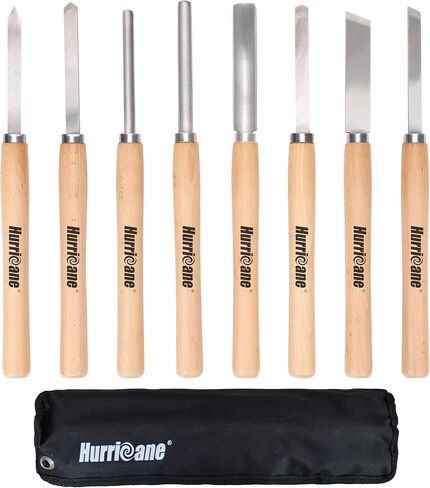 HURRICANE 8pc Wood Lathe Turning Tool Set, Wood Turning Chisel Set for Woodworking. 2 Skew 1 Spear Point 1 Parting 1 Round Nose & 3 Gouge Tools with 1 Canvas Bag Packaging in Kuwait