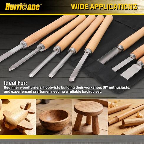 HURRICANE 8pc Wood Lathe Turning Tool Set, Wood Turning Chisel Set for Woodworking. 2 Skew 1 Spear Point 1 Parting 1 Round Nose & 3 Gouge Tools with 1 Canvas Bag Packaging in Kuwait