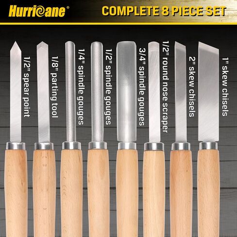 HURRICANE 8pc Wood Lathe Turning Tool Set, Wood Turning Chisel Set for Woodworking. 2 Skew 1 Spear Point 1 Parting 1 Round Nose & 3 Gouge Tools with 1 Canvas Bag Packaging in Kuwait