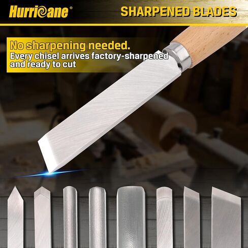 HURRICANE 8pc Wood Lathe Turning Tool Set, Wood Turning Chisel Set for Woodworking. 2 Skew 1 Spear Point 1 Parting 1 Round Nose & 3 Gouge Tools with 1 Canvas Bag Packaging in Kuwait