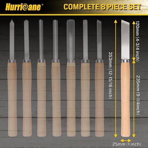 HURRICANE 8pc Wood Lathe Turning Tool Set, Wood Turning Chisel Set for Woodworking. 2 Skew 1 Spear Point 1 Parting 1 Round Nose & 3 Gouge Tools with 1 Canvas Bag Packaging in Kuwait