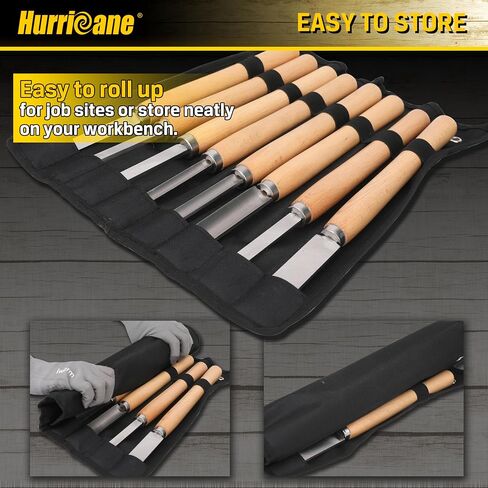 HURRICANE 8pc Wood Lathe Turning Tool Set, Wood Turning Chisel Set for Woodworking. 2 Skew 1 Spear Point 1 Parting 1 Round Nose & 3 Gouge Tools with 1 Canvas Bag Packaging in Kuwait