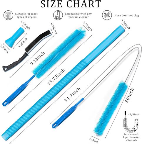 Dryer Vent Cleaner Kit with Dryer Vacuum Hose Attachment Suitable for Most Vacuum Cleaners, Twrrnbv Dryer Cleaner Lint Brush Remover, Duct Cleaning Tool for Laundry Room, Cleaning Accessories (Blue) in Kuwait