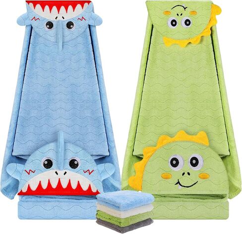 6 PCS Toddler Towels Set for Boy Girl 0-5 Year, 2 PCS Thick Hooded Baby Bath Towels for Kids Large 55" x 27.5" & 4 PCS Washcloths, Soft Toddler Newborn Bath Essentials Gifts, Dinosaur & Elephant in Kuwait