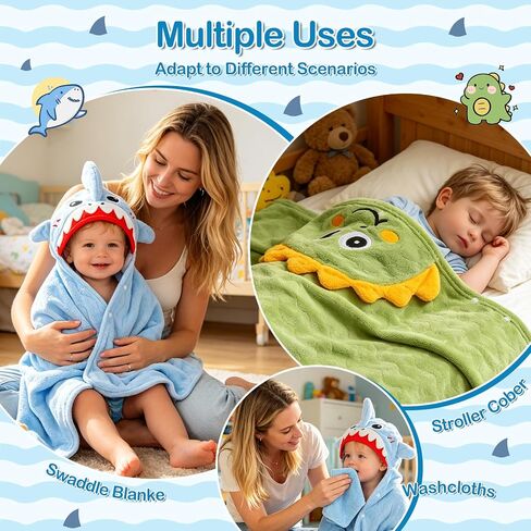 6 PCS Toddler Towels Set for Boy Girl 0-5 Year, 2 PCS Thick Hooded Baby Bath Towels for Kids Large 55" x 27.5" & 4 PCS Washcloths, Soft Toddler Newborn Bath Essentials Gifts, Dinosaur & Elephant in Kuwait