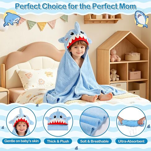 6 PCS Toddler Towels Set for Boy Girl 0-5 Year, 2 PCS Thick Hooded Baby Bath Towels for Kids Large 55" x 27.5" & 4 PCS Washcloths, Soft Toddler Newborn Bath Essentials Gifts, Dinosaur & Elephant in Kuwait