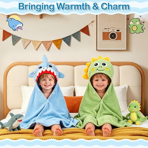 6 PCS Toddler Towels Set for Boy Girl 0-5 Year, 2 PCS Thick Hooded Baby Bath Towels for Kids Large 55" x 27.5" & 4 PCS Washcloths, Soft Toddler Newborn Bath Essentials Gifts, Dinosaur & Elephant in Kuwait