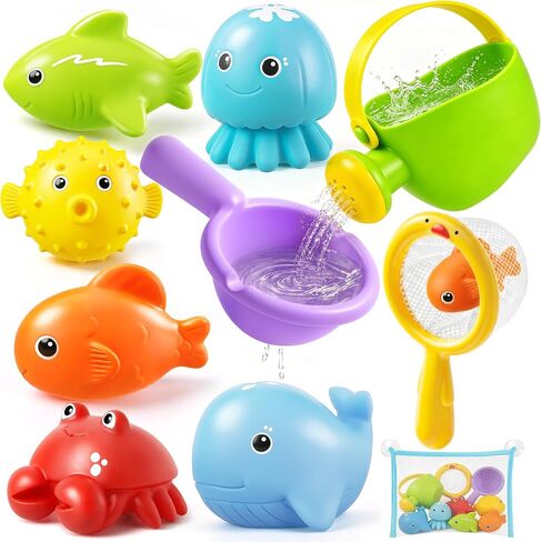 Baby Bath Toys for Kids, STOPKLAS Squeezable Water Toys for Toddlers, 10 PCS Bathtub Toys with Kids Watering Can & Storage Bag, Baby Pool Float Animal Toys for Bath, Shower, Pool, Baby Girl Boy Gift in Kuwait