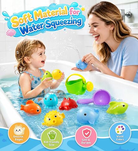 Baby Bath Toys for Kids, STOPKLAS Squeezable Water Toys for Toddlers, 10 PCS Bathtub Toys with Kids Watering Can & Storage Bag, Baby Pool Float Animal Toys for Bath, Shower, Pool, Baby Girl Boy Gift in Kuwait