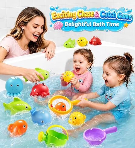 Baby Bath Toys for Kids, STOPKLAS Squeezable Water Toys for Toddlers, 10 PCS Bathtub Toys with Kids Watering Can & Storage Bag, Baby Pool Float Animal Toys for Bath, Shower, Pool, Baby Girl Boy Gift in Kuwait