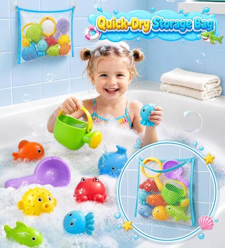 Baby Bath Toys for Kids, STOPKLAS Squeezable Water Toys for Toddlers, 10 PCS Bathtub Toys with Kids Watering Can & Storage Bag, Baby Pool Float Animal Toys for Bath, Shower, Pool, Baby Girl Boy Gift in Kuwait