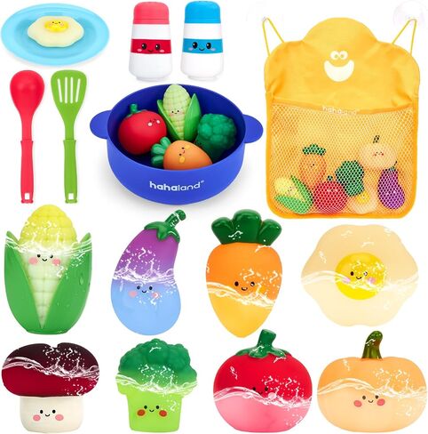 hahaland Color Changing Bath Toys for Toddlers 1-3, Bath Soup Kitchen Playset for 12M+, No-Hole Mold-Free Bathtub Toy for 1 Year Old, Pretend Cooking Set with 15 PCS Veggies, Pot, Spoon, Mesh Bag in Kuwait