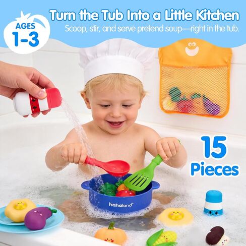 hahaland Color Changing Bath Toys for Toddlers 1-3, Bath Soup Kitchen Playset for 12M+, No-Hole Mold-Free Bathtub Toy for 1 Year Old, Pretend Cooking Set with 15 PCS Veggies, Pot, Spoon, Mesh Bag in Kuwait