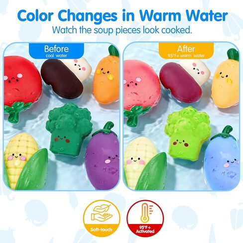 hahaland Color Changing Bath Toys for Toddlers 1-3, Bath Soup Kitchen Playset for 12M+, No-Hole Mold-Free Bathtub Toy for 1 Year Old, Pretend Cooking Set with 15 PCS Veggies, Pot, Spoon, Mesh Bag in Kuwait