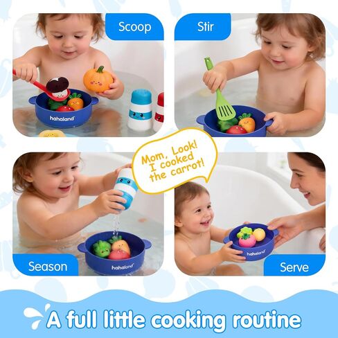 hahaland Color Changing Bath Toys for Toddlers 1-3, Bath Soup Kitchen Playset for 12M+, No-Hole Mold-Free Bathtub Toy for 1 Year Old, Pretend Cooking Set with 15 PCS Veggies, Pot, Spoon, Mesh Bag in Kuwait