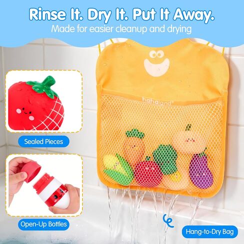 hahaland Color Changing Bath Toys for Toddlers 1-3, Bath Soup Kitchen Playset for 12M+, No-Hole Mold-Free Bathtub Toy for 1 Year Old, Pretend Cooking Set with 15 PCS Veggies, Pot, Spoon, Mesh Bag in Kuwait
