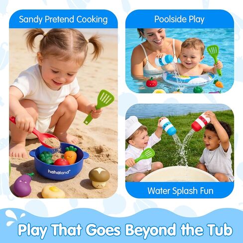 hahaland Color Changing Bath Toys for Toddlers 1-3, Bath Soup Kitchen Playset for 12M+, No-Hole Mold-Free Bathtub Toy for 1 Year Old, Pretend Cooking Set with 15 PCS Veggies, Pot, Spoon, Mesh Bag in Kuwait