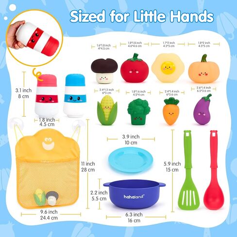hahaland Color Changing Bath Toys for Toddlers 1-3, Bath Soup Kitchen Playset for 12M+, No-Hole Mold-Free Bathtub Toy for 1 Year Old, Pretend Cooking Set with 15 PCS Veggies, Pot, Spoon, Mesh Bag in Kuwait