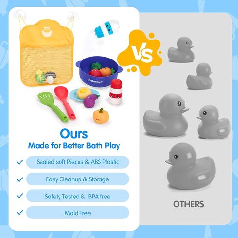 hahaland Color Changing Bath Toys for Toddlers 1-3, Bath Soup Kitchen Playset for 12M+, No-Hole Mold-Free Bathtub Toy for 1 Year Old, Pretend Cooking Set with 15 PCS Veggies, Pot, Spoon, Mesh Bag in Kuwait