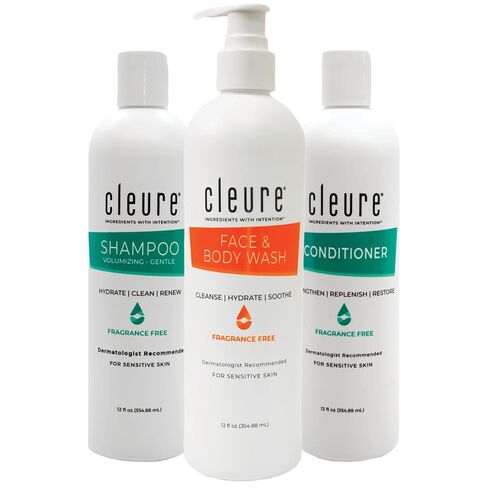 Cleure Fragrance Free Shampoo and Conditioner Set with Body Wash – Hypoallergenic 3 Piece Sulfate Free Hair & Body Care for Sensitive Skin (12 oz Bottles) in Kuwait