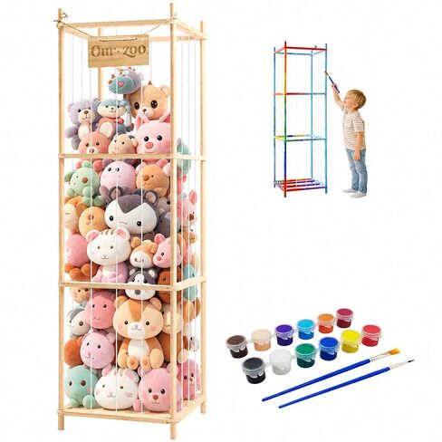 Stuffed Animal Storage Organizer - Solid Wooden Stuffed Organizers Storage with Watercolor Painting DIY Set, Large Capacity Organizer for Kids, Zoo Stuffed Animal Holder for Playroom, Bedroom in Kuwait