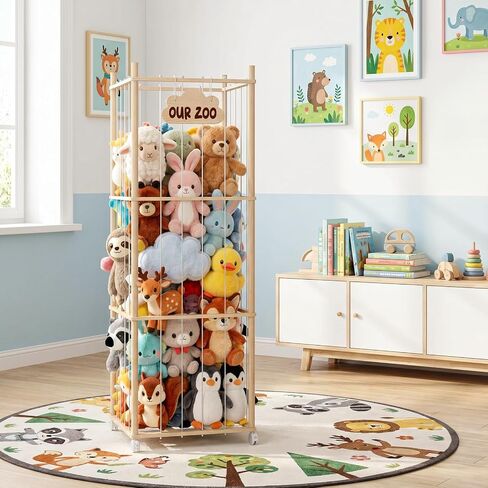 Stuffed Animal Storage with Wheels, Large Wooden Zoo Stuffed Animal Organizer, Rolling Plush Toy Holder for Toddler Rooms, Playrooms & Bedrooms in Kuwait