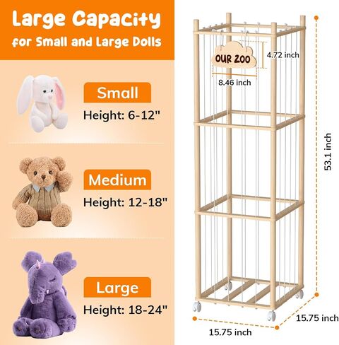 Stuffed Animal Storage with Wheels, Large Wooden Zoo Stuffed Animal Organizer, Rolling Plush Toy Holder for Toddler Rooms, Playrooms & Bedrooms in Kuwait