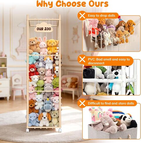Stuffed Animal Storage with Wheels, Large Wooden Zoo Stuffed Animal Organizer, Rolling Plush Toy Holder for Toddler Rooms, Playrooms & Bedrooms in Kuwait