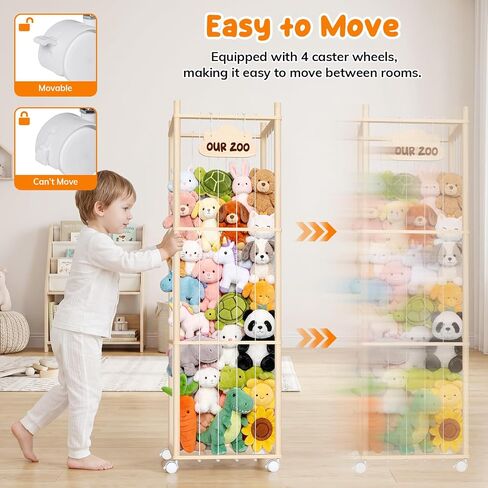 Stuffed Animal Storage with Wheels, Large Wooden Zoo Stuffed Animal Organizer, Rolling Plush Toy Holder for Toddler Rooms, Playrooms & Bedrooms in Kuwait