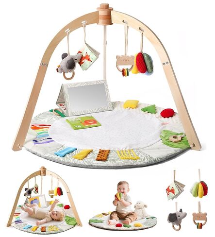 Macabaka Wooden Baby Play Gym & Tummy Time Playmat – Montessori Sensory Activity Mat with 6 Developmental Toys for Fine Motor Skills – for Newborns to Toddlers (0–12M+) in Kuwait