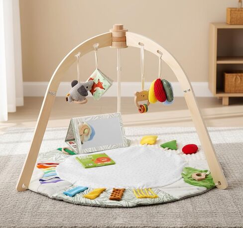 Macabaka Wooden Baby Play Gym & Tummy Time Playmat – Montessori Sensory Activity Mat with 6 Developmental Toys for Fine Motor Skills – for Newborns to Toddlers (0–12M+) in Kuwait