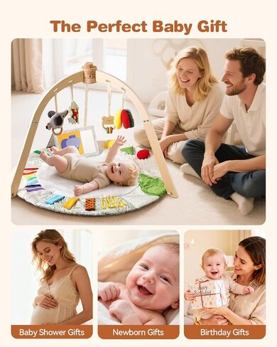 Macabaka Wooden Baby Play Gym & Tummy Time Playmat – Montessori Sensory Activity Mat with 6 Developmental Toys for Fine Motor Skills – for Newborns to Toddlers (0–12M+) in Kuwait