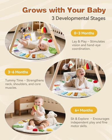 Macabaka Wooden Baby Play Gym & Tummy Time Playmat – Montessori Sensory Activity Mat with 6 Developmental Toys for Fine Motor Skills – for Newborns to Toddlers (0–12M+) in Kuwait