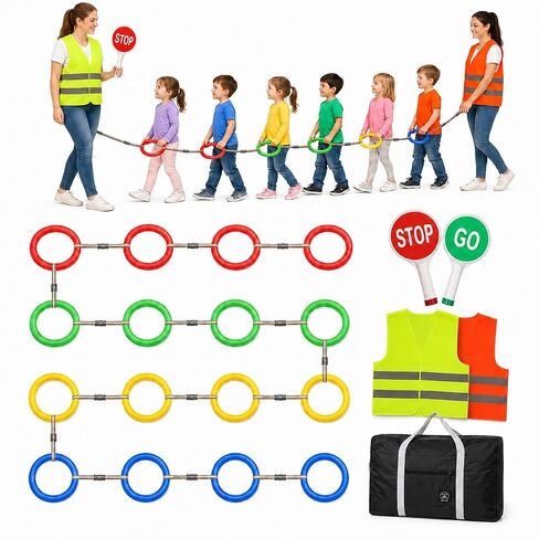 Walking Rope for Preschool, 16-Ring Toddler Walking Rope with Double-Sided Stop/GO Sign, 2 Adult Reflective Safety Vests and Storage Bag for Classroom Transitions and Outdoor Walks in Kuwait
