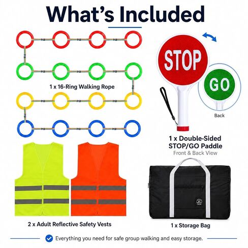 Walking Rope for Preschool, 16-Ring Toddler Walking Rope with Double-Sided Stop/GO Sign, 2 Adult Reflective Safety Vests and Storage Bag for Classroom Transitions and Outdoor Walks in Kuwait