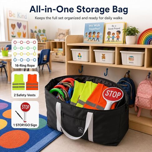 Walking Rope for Preschool, 16-Ring Toddler Walking Rope with Double-Sided Stop/GO Sign, 2 Adult Reflective Safety Vests and Storage Bag for Classroom Transitions and Outdoor Walks in Kuwait