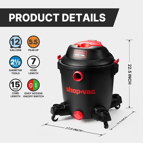 Shop-Vac 12 Gallon 3-in-1 Wet Dry Shop Vacuum with Detachable Blower 5.5HP | Heavy Duty Utility Vacuum for Garage, Workshop, Home, Car, Jobsite Cleaning, Powerful Industrial Vacuum Cleaner in Kuwait