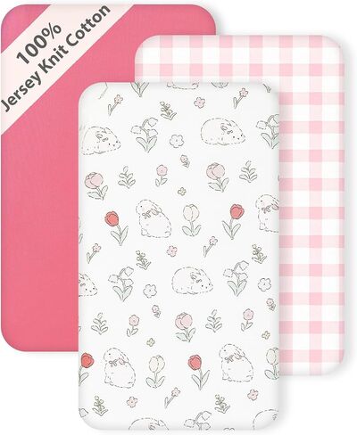 3 Pack Cotton Bassinet Sheets - 33"x19" for Baby Delight, Jimglo, BabyBond, BCOL, Maxi-COSI and Most Regular Bedside Sleeper, Ultra Soft & Skin Friendly Bassinet Fitted Sheets, Pink Flower in Kuwait