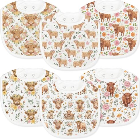 Baby Bibs for Baby Boys Girls Highland Cow 6-Pack Muslin Drool Bibs Flower Soft Absorbent Cotton Infant Feeding Bandana Bibs Teething Drooling Nursery Gifts for Newborn Toddlers Feeding Baby Stuff in Kuwait