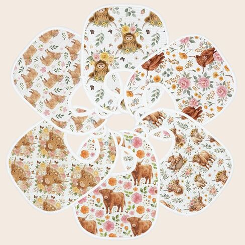 Baby Bibs for Baby Boys Girls Highland Cow 6-Pack Muslin Drool Bibs Flower Soft Absorbent Cotton Infant Feeding Bandana Bibs Teething Drooling Nursery Gifts for Newborn Toddlers Feeding Baby Stuff in Kuwait