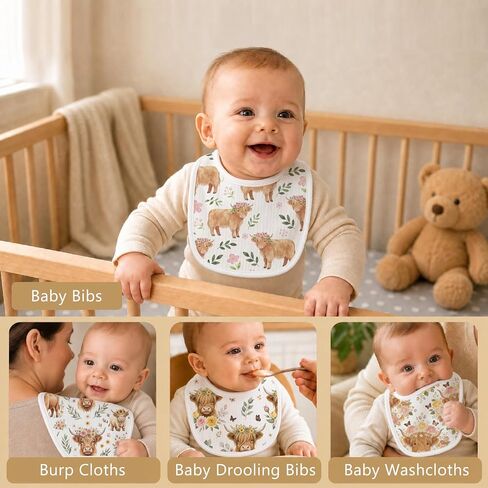 Baby Bibs for Baby Boys Girls Highland Cow 6-Pack Muslin Drool Bibs Flower Soft Absorbent Cotton Infant Feeding Bandana Bibs Teething Drooling Nursery Gifts for Newborn Toddlers Feeding Baby Stuff in Kuwait