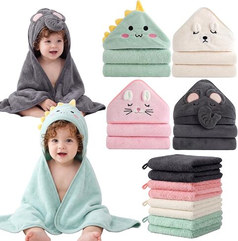 12-Piece Baby Towels Set – 4 Hooded Bath Towels (31"x31") + 8 Washcloths (10"x10") – Soft & Absorbent for Newborns, Infants, Toddlers & Kids – Unisex Gift for Baby Boy or Girl in Kuwait