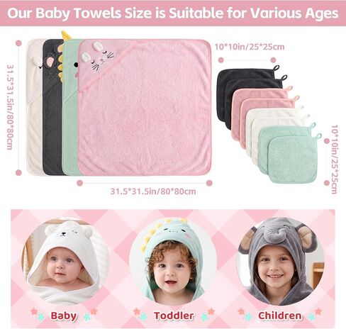 12-Piece Baby Towels Set – 4 Hooded Bath Towels (31"x31") + 8 Washcloths (10"x10") – Soft & Absorbent for Newborns, Infants, Toddlers & Kids – Unisex Gift for Baby Boy or Girl in Kuwait