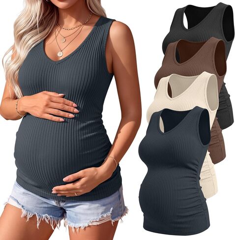 4 Pack Women's Maternity Tanks V Neck Ribbed Summer Mama Clothes Sleeveless Side Ruched Pregnancy Tops in Kuwait