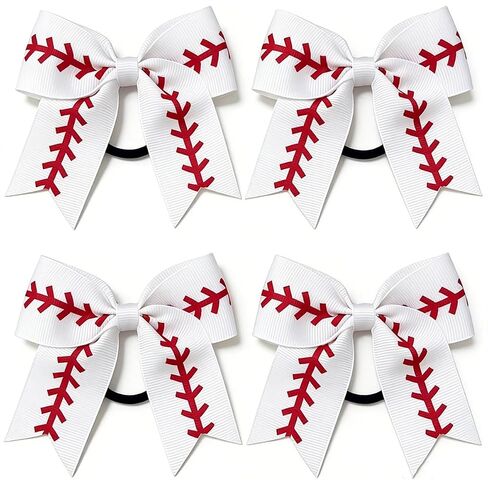 Baseball Bows for Girls with Elastic Hair Ties, 4 Pack White Red Grosgrain Ribbon Ponytail Holders for Toddlers, Kids & Teens in Kuwait