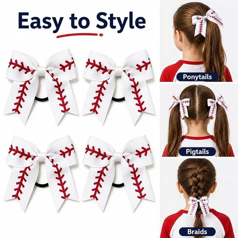 Baseball Bows for Girls with Elastic Hair Ties, 4 Pack White Red Grosgrain Ribbon Ponytail Holders for Toddlers, Kids & Teens in Kuwait
