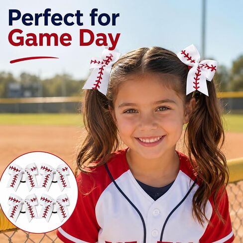 Baseball Bows for Girls with Elastic Hair Ties, 4 Pack White Red Grosgrain Ribbon Ponytail Holders for Toddlers, Kids & Teens in Kuwait