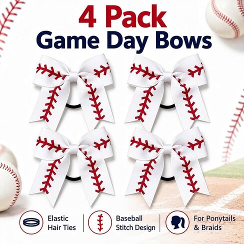 Baseball Bows for Girls with Elastic Hair Ties, 4 Pack White Red Grosgrain Ribbon Ponytail Holders for Toddlers, Kids & Teens in Kuwait